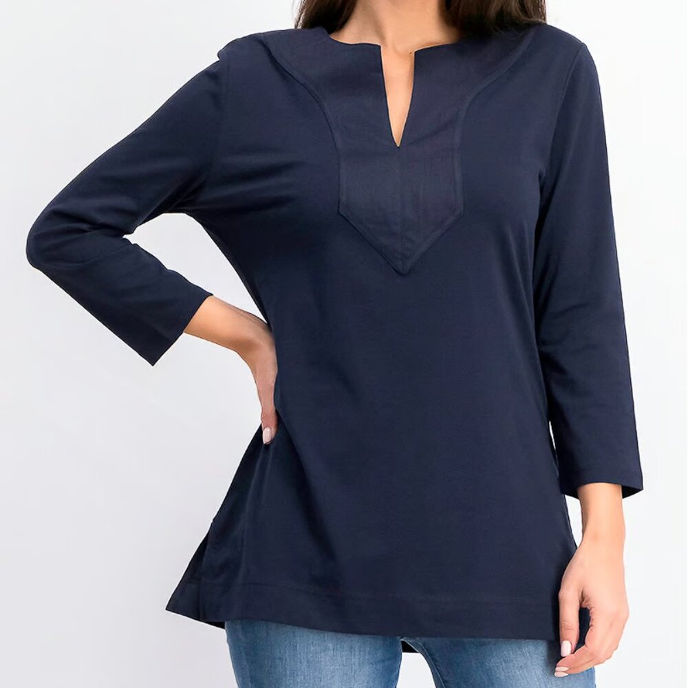 NWT! Ralph‎ Lauren Split Neck Women's Tunic Blouse Navy Blue 3/4 Sleeve Sz Small